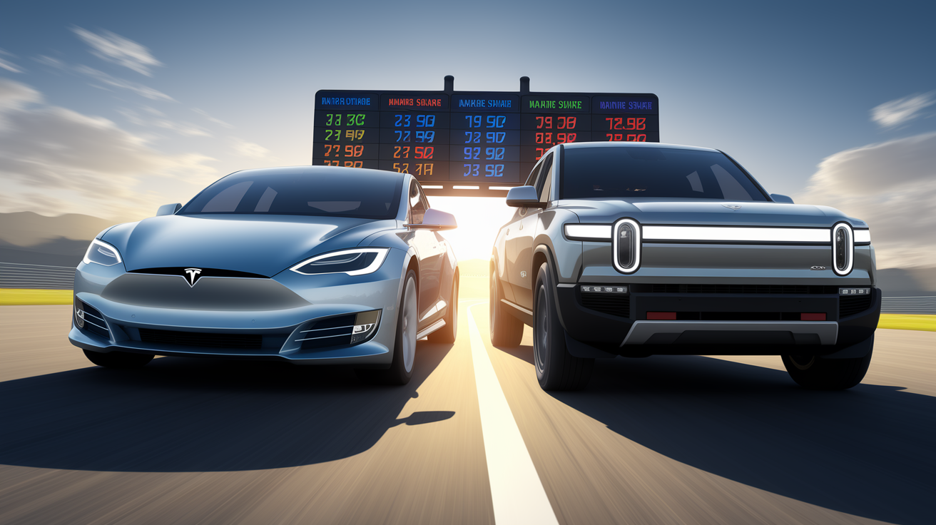 Veicoli Tesla e Rivian rappresentati su una pista, simbolo della loro competizione sul mercato.