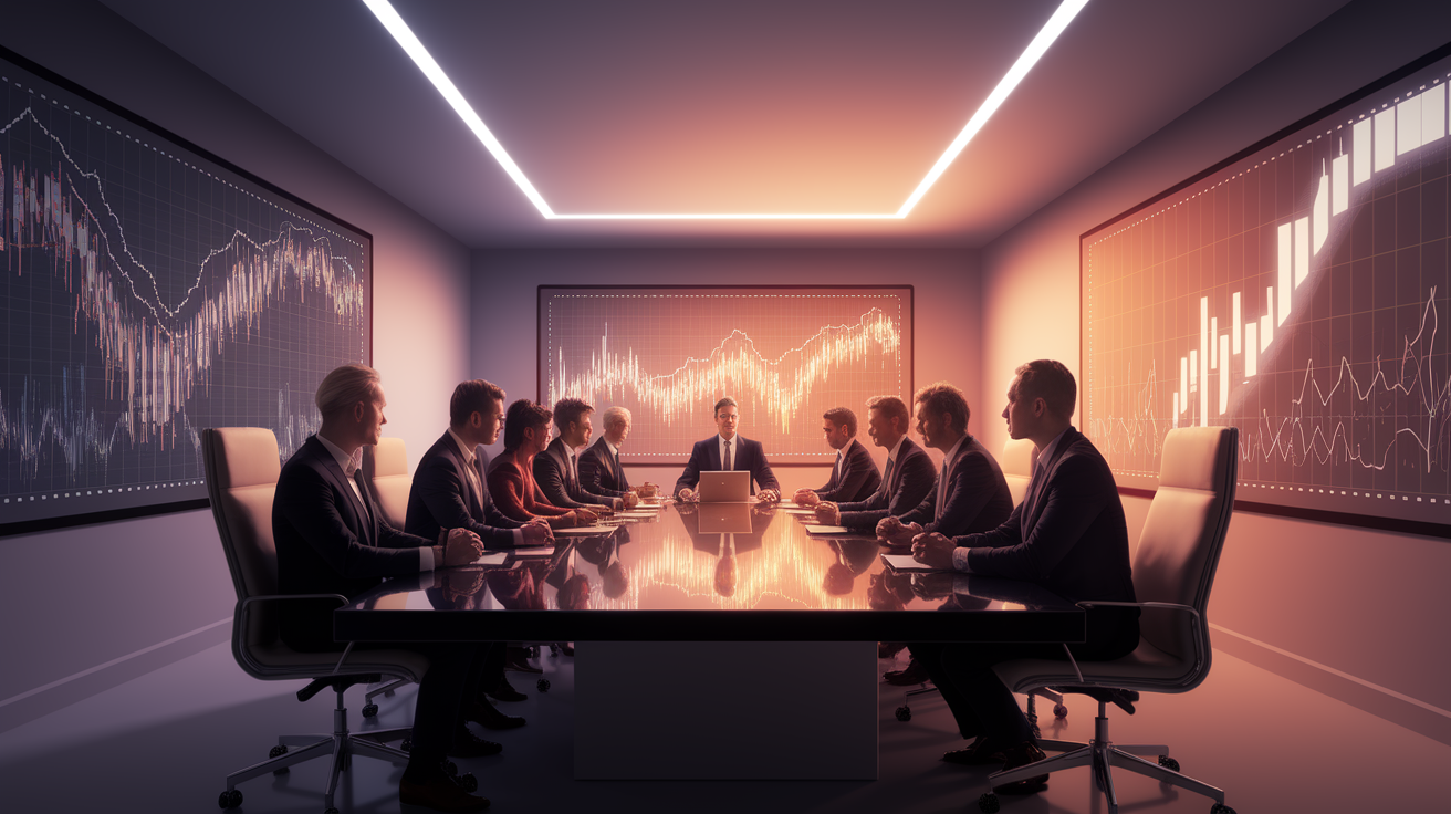 Investors discussing growth strategies at a Hedge Fund meeting.