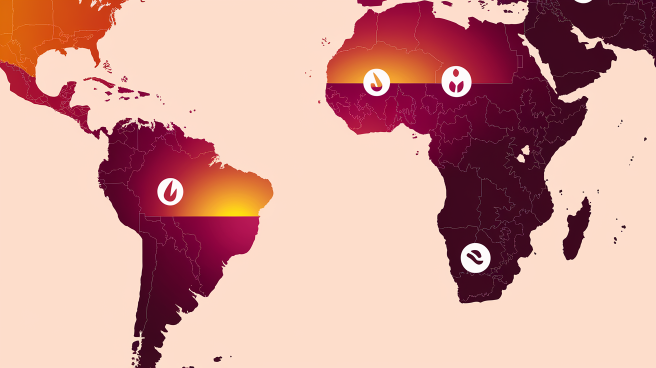 Una mappa che rappresenta i punti focali geo-economici dei mercati delle materie prime in America Latina e Africa.