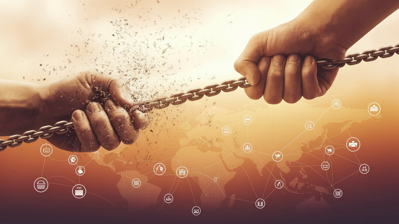 A symbolic image of the economic disruption of global supply chains caused by trade wars.