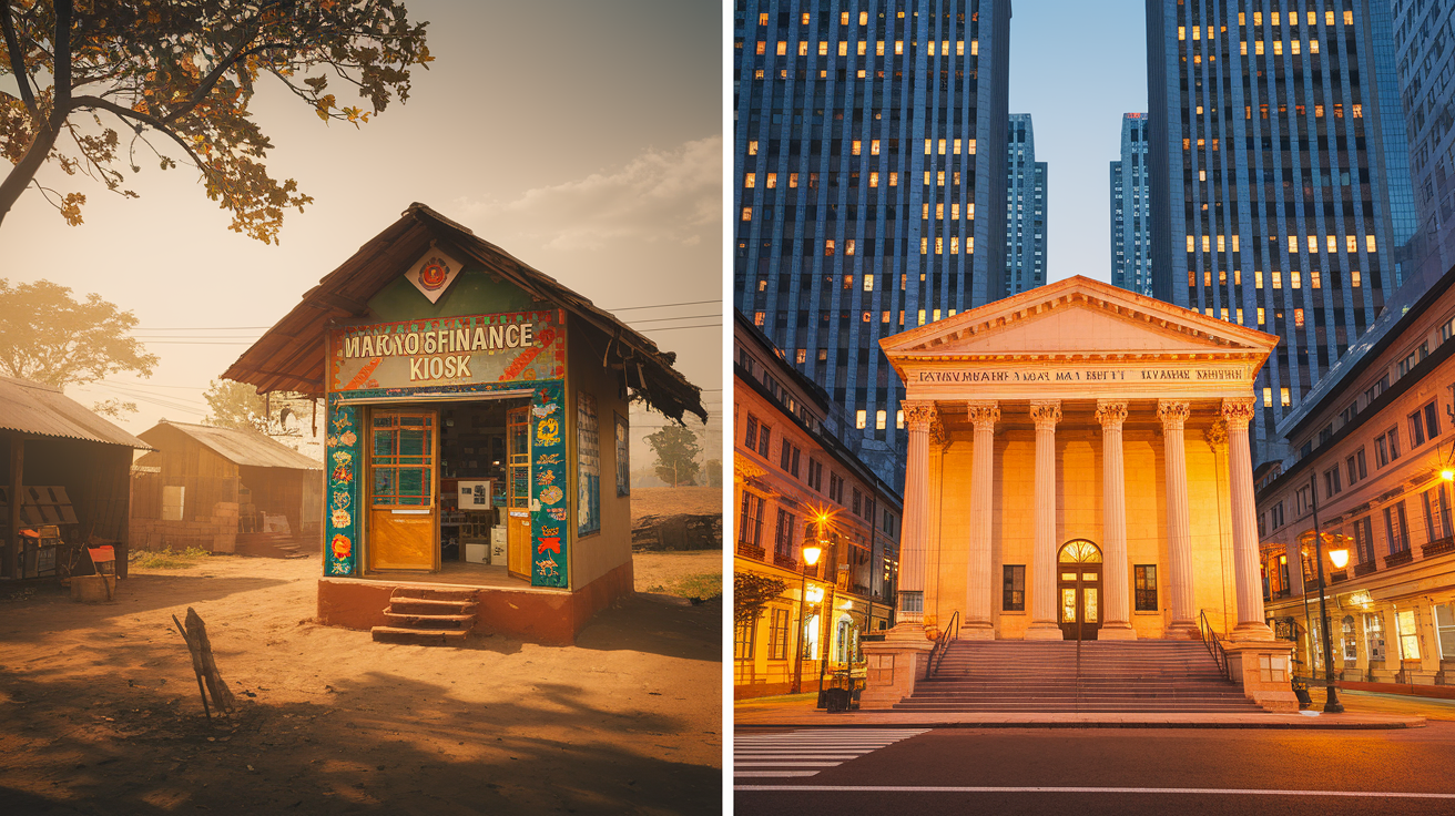 Mikrofinanzkiosk im ländlichen Raum und traditionelle Bank in der Stadt.