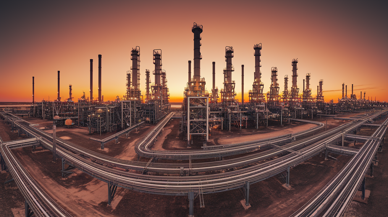 Oil refineries in the United States and Canada: a symbol of fossil fuels.