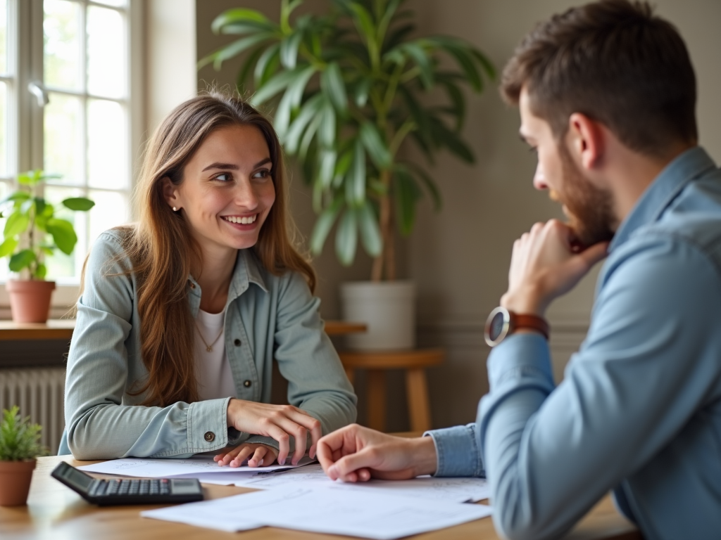 A young woman planning finances with a consultant to prevent elderly poverty.