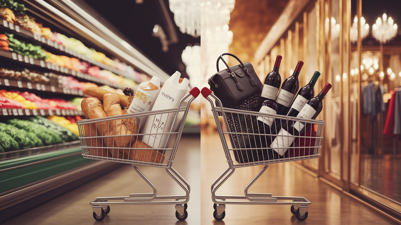 Un confronto visivo tra beni di consumo e beni di lusso in tempi di incertezza economica.