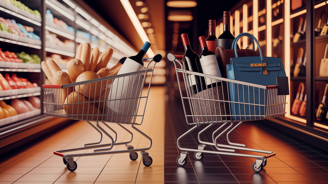Un confronto visivo tra beni di consumo e beni di lusso in tempi di incertezza economica.