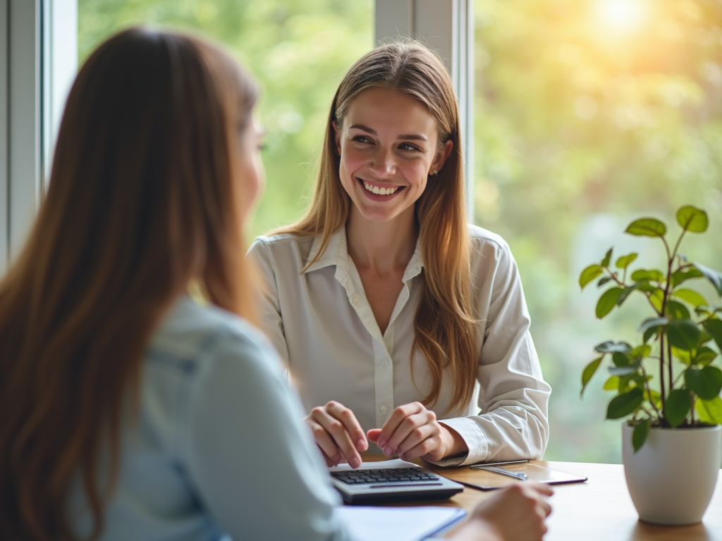 A young woman planning finances with a consultant to prevent elderly poverty.