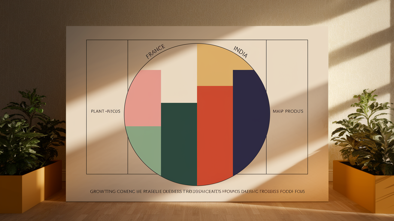 Vergleich der Wachstumsraten von pflanzenbasierten Lebensmitteln und Fleischprodukten in Frankreich und Indien.