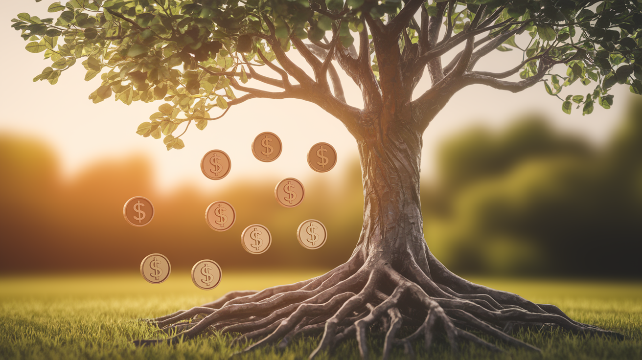 Un albero simboleggia la stabilità degli ETF sui dividendi con flussi di reddito regolari.