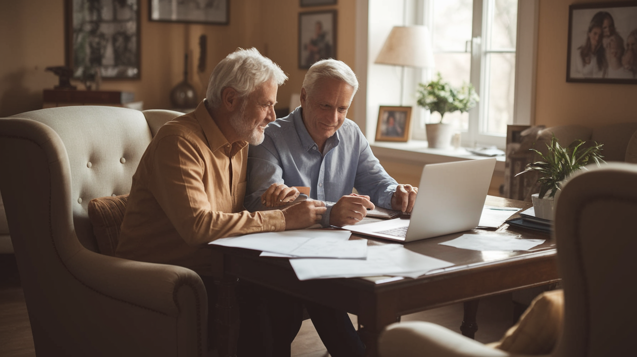 An elderly couple plans the coverage of burial costs through funeral expense insurance.