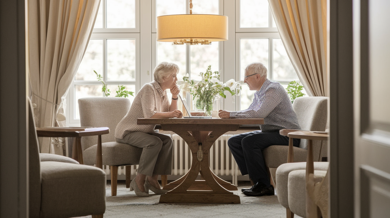 An elderly couple plans the coverage of burial costs through funeral expense insurance.