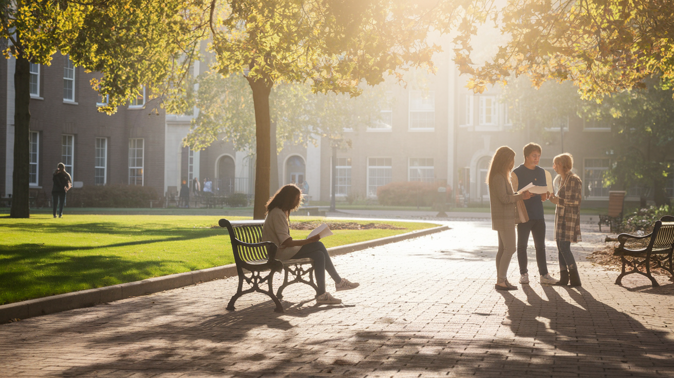 Studenten diskutieren über die Bedeutung der Krankenversicherung auf einem Campus.