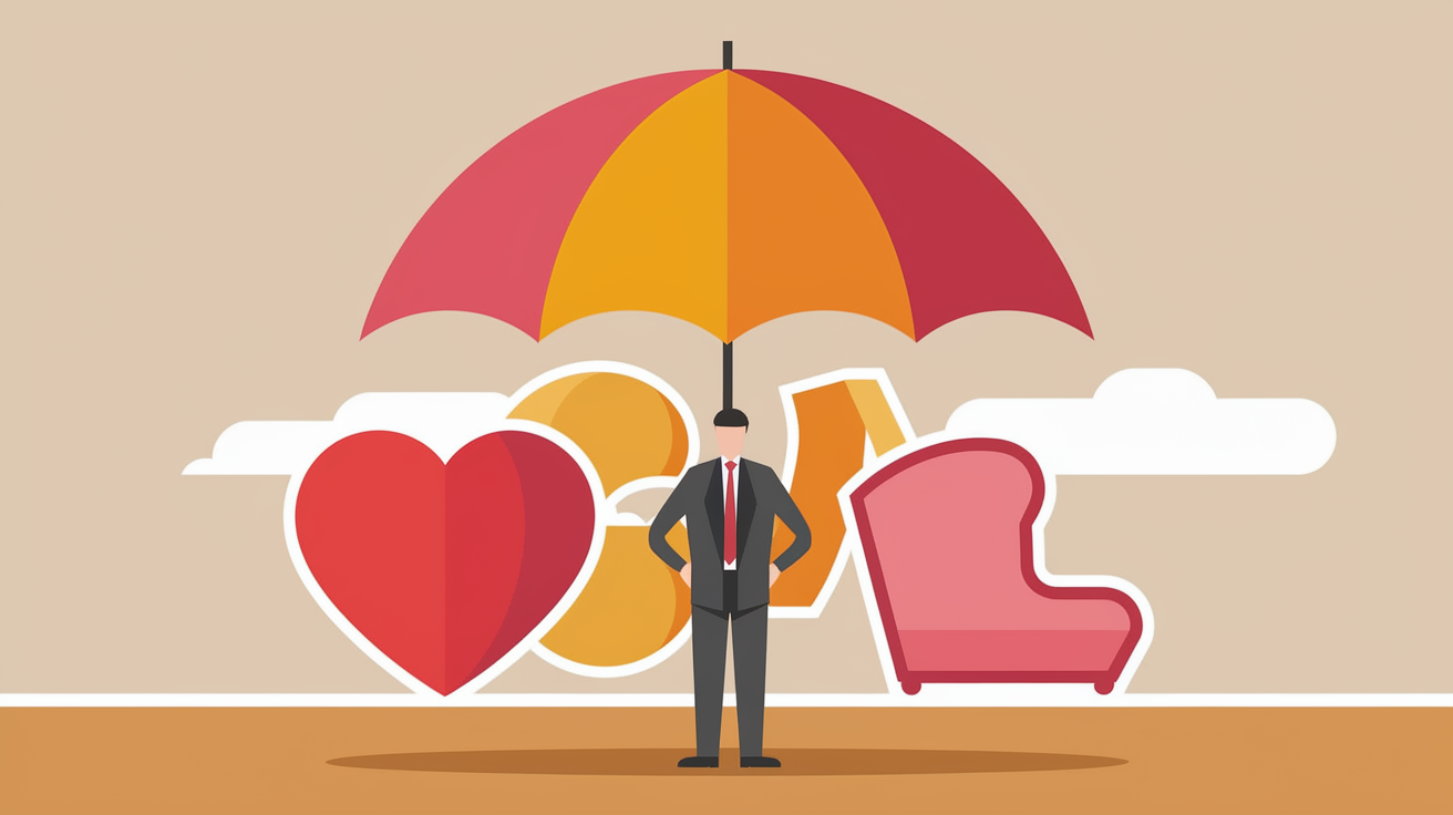 A self-employed worker under a protective umbrella, surrounded by insurance symbols.