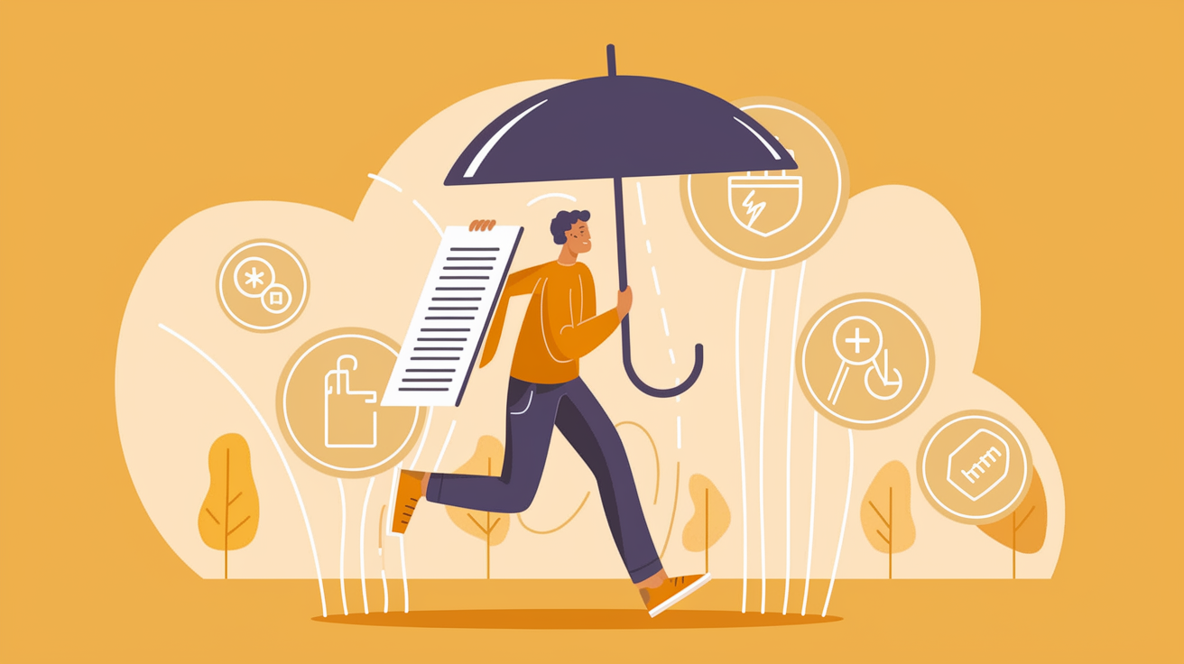 A self-employed worker under a protective umbrella, surrounded by insurance symbols.