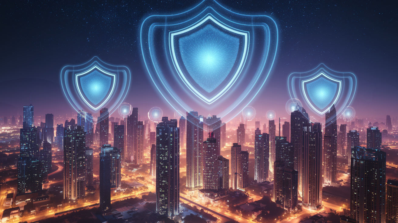 Digital shields over a modern city symbolize the protection of cyber insurances.