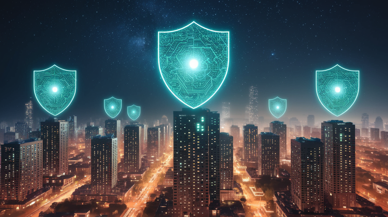 Digital shields over a modern city symbolize the protection of cyber insurances.