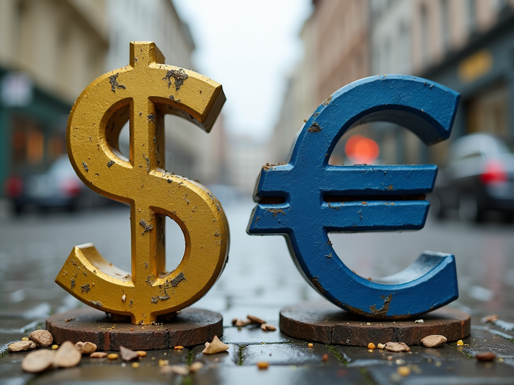 Symbolic representation of the forces influencing the exchange rate between the US dollar and the euro.