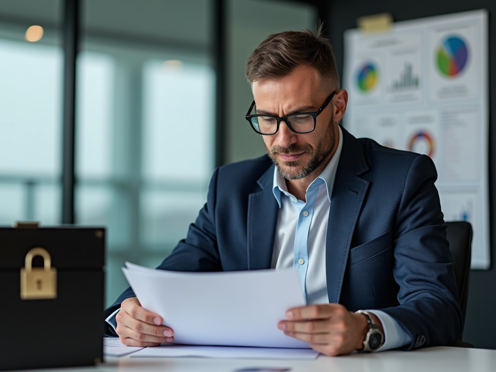 Ein Investor in einem Büro prüft Versicherungsdokumente mit einem Tresor im Hintergrund.