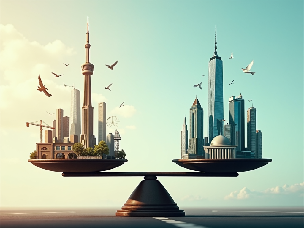 Waage mit Symbolen für Schwellen- und Industrieländer.