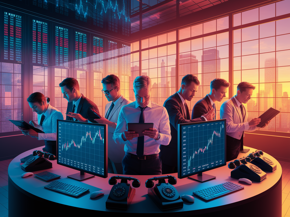 Eine moderne Handelsumgebung mit Investoren, die Marktanalysen auf digitalen Bildschirmen durchführen.